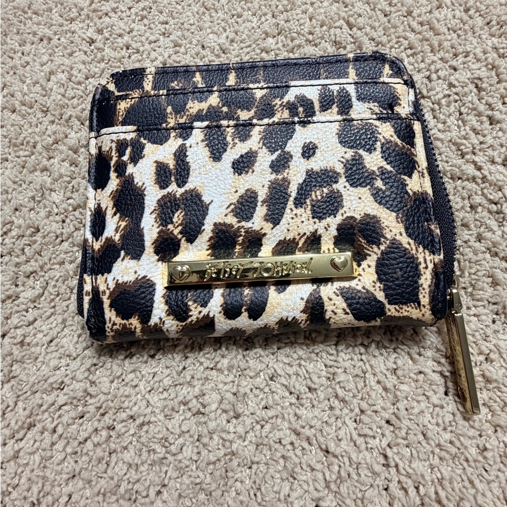 Betsey Johnson Leopard Print Zip Card Wallet with Gold Accents